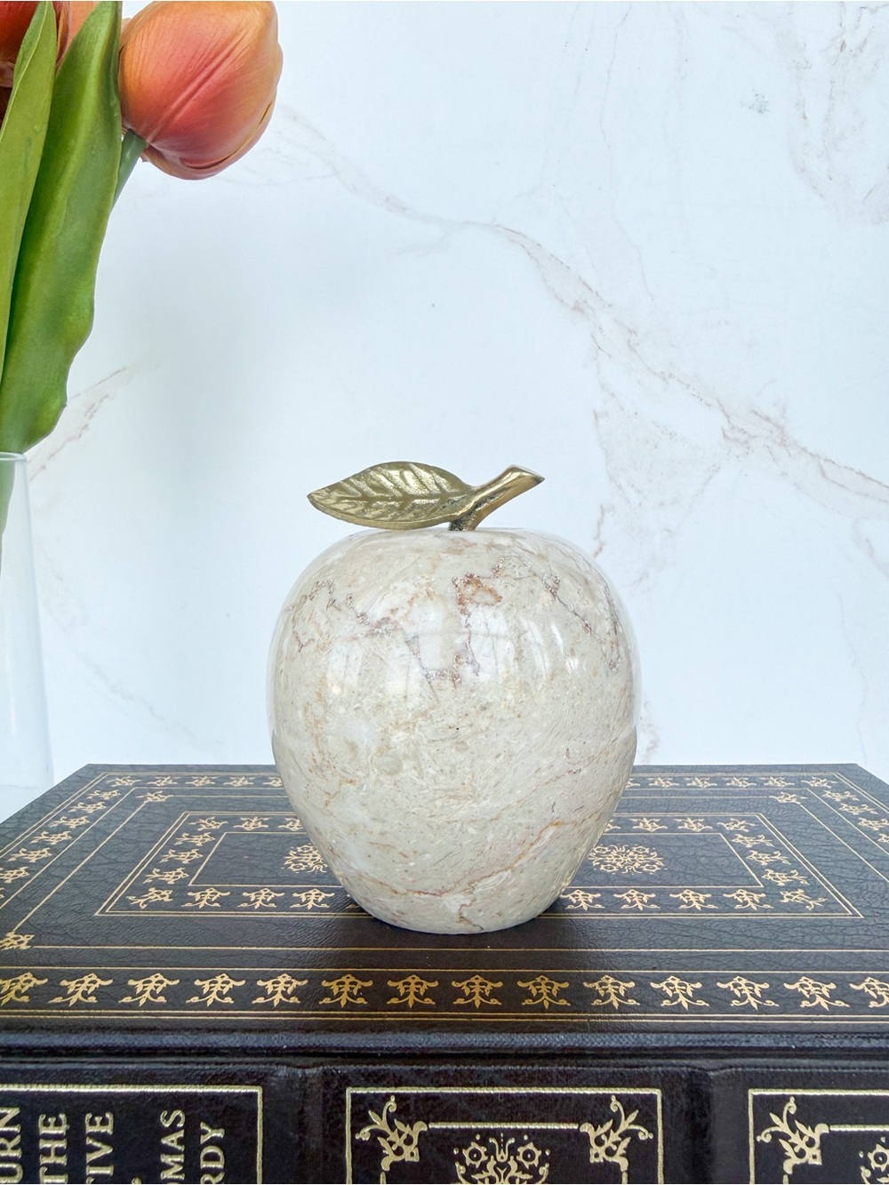 Vintage Marble Apple with Brass Stem Stone Fruit Sculpture Paperweight or Decor